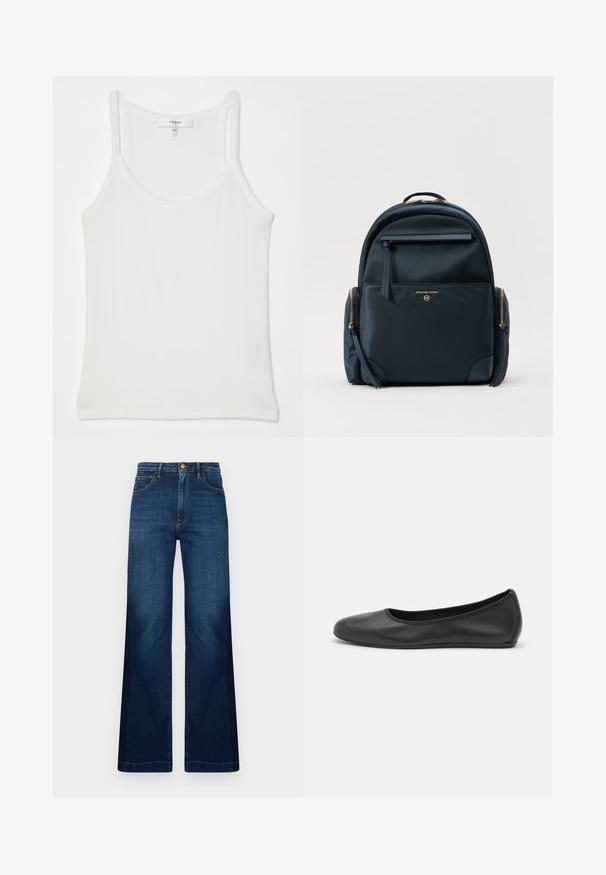 Top alb fără mâneci, fabricat dintr-un material moale, cu textură ribbed; are bretele subțiri și un decolteu rotund, eticheta spune "FRAME."; Jeans din denim, de culoare albastru închis, cu croi larg, talie înaltă, buzunare frontale și detalii de cusătură portocalie contrastantă.; Balerini din piele neagră, cu vârf rotund, textură netedă, detalii de cusătură minimale și un design al tălpii flexibil.; Rucsac din nylon bleumarin cu un design rotunjit, accesorii aurii, buzunar frontal cu fermoar și detaliu cu logo. Prezintă o textură netedă și fermoare laterale duble.