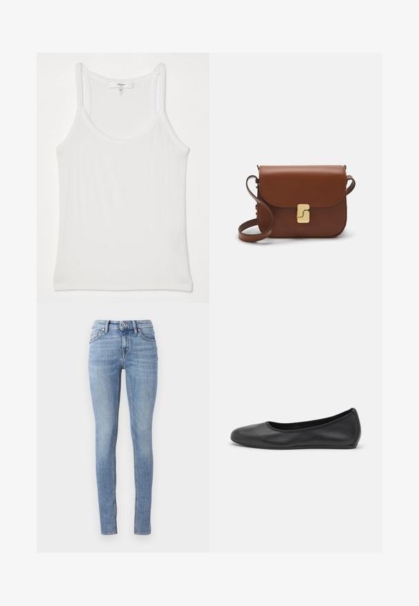 Fehér ujjatlan topp, puha, bordázott szövetből; vékony pántokkal és kerek nyakkivágással rendelkezik, a címke szerint "FRAME."; Világoskék slim fazonú farmernadrág, normál derékkal, öt zsebbel és kontrasztos varrással a varratok mentén.; Fekete bőr balettcipő lekerekített orral, sima tekstúrával, minimális varrással és rugalmas talp kialakítással.; Barna bőr kézitáska, hajtókás zárással, arany színű fém kiegészítőkkel, vállpánttal és sima felülettel. Kompakt téglalap alakú.