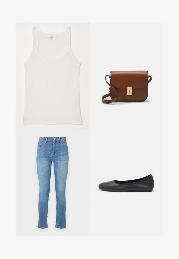 Balta bezpalakaina kreklveida blūze, izgatavota no mīksta, ribota auduma; ar plānām siksniņām un apaļu kakla izgriezumu, birka ar uzrakstu "FRAME".; Gai zils denim džinsi ar šauru piegriezumu, vidēji augstu jostasvietu, piecu kabatu dizainu un nelielu nolietojumu uz augšstilbiem, ar izšūtiem akcentiem.; Melna ādas baleta kurpe ar noapaļotu purngalu, gludu tekstūru, minimālu šuvju detalizāciju un elastīgu zoles dizainu.; Bordo ādas rokas soma ar atloku, zeltītām detaļām, plecu siksnu un gludu virsmu. Kompakta, taisnstūrveida forma.