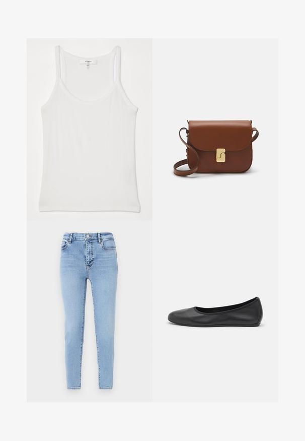Bílý bezrukávový top vyrobený z měkké, žebrované tkaniny; má tenké ramínka a kulatý výstřih, štítek zní "FRAME."; Svetle modré, vysoké džíny s úzkým střihem. Vyrobené z denimové tkaniny s jemnou texturou, s předním zapínáním na knoflík a zadními kapsami.; Černé kožené baletní byty s kulatou špičkou, hladkou texturou, minimálními švy a flexibilním designem podrážky.; Hnědá kožená kabelka s klopou, zlatými kovovými detaily, ramenním popruhem a hladkým povrchem. Kompaktní obdélníkový tvar.