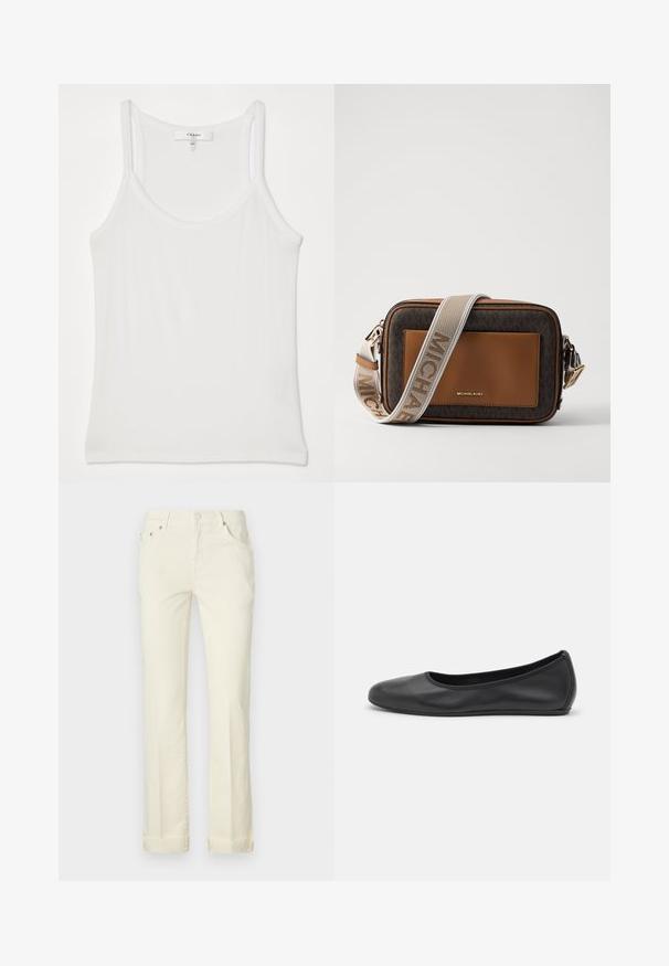 Valkoinen ilman hihoja oleva toppi, joka on valmistettu pehmeästä, urituksesta; siinä on ohuet olkaimet ja pyöreä kaula-aukko, jossa on ; Vaaleankeltaiset suorat farkut, jotka on valmistettu puuvillasta. Niissä on viisi taskua, vyölenkit ja kääreet helmoissa.; Musta nahkainen ballerina, jossa on pyöristetty kärki, sileä pinta, minimaalinen ommelkoristelu ja joustava pohjamuotoilu.; Ruskea nahka ja monogrammikangas olkalaukku, jossa on kultainen logo, kontrastivärinen vaaleanruskea yksityiskohta ja teksturoitu kangashihna.