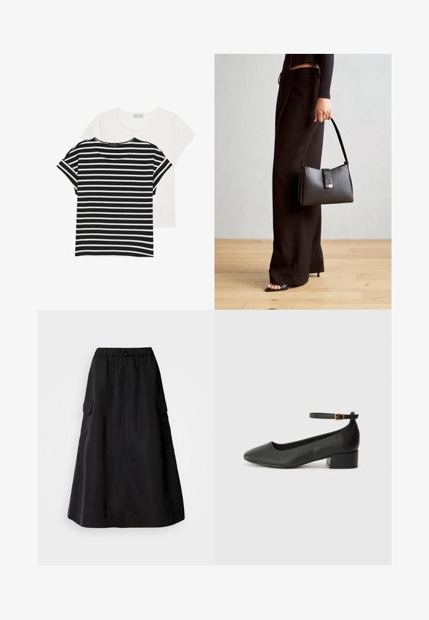 Két póló: az egyik fekete-fehér csíkos, rövid ujjú, a másik egyszínű fehér, mindkettő lekerekített nyakkivágással és laza szabással rendelkezik.; Fekete, laza fazonú szoknya, sima anyagból készült. Rugalmas derékpánttal és két oldalán elhelyezett cargo zsebekkel rendelkezik. Közepes hosszúságú kialakítás.; Fekete bőr magassarkú cipő hegyes orral és alacsony tömb sarkal. Bokapánttal rendelkezik, aranyszínű csattal. Simább textúra.; Fekete kézi táska strukturált formával, sima textúrával és fémből készült záródással. Széles fekete nadrággal és nyitott orrú szandállal párosítva, fából készült padlón.