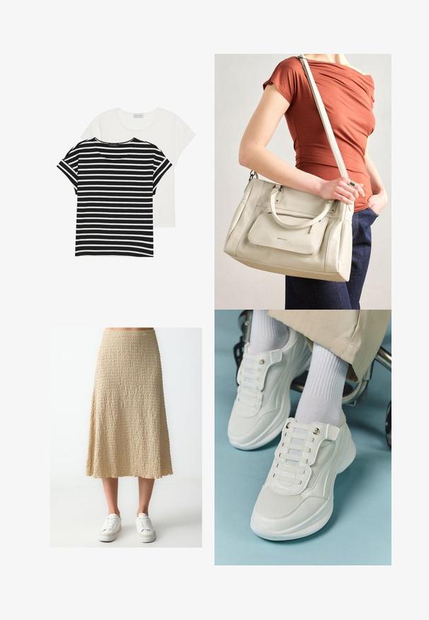 Due magliette: una a righe bianche e nere con maniche corte, e una completamente bianca, entrambe con scollo rotondo e vestibilità casual.; Gonna beige, lunghezza al ginocchio, realizzata in tessuto testurizzato con orlo ondulato. Abbinata a sneakers bianche.; Sneaker bianchi realizzati in materiale a rete, suola in gomma, design senza lacci con bande elastiche e dettagli in tonalità oro.; Borsa a tracolla bianca in pelle con doppi manici e tracolla staccabile, dotata di una tasca con zip frontale e texture liscia. Portata al braccio di una persona.