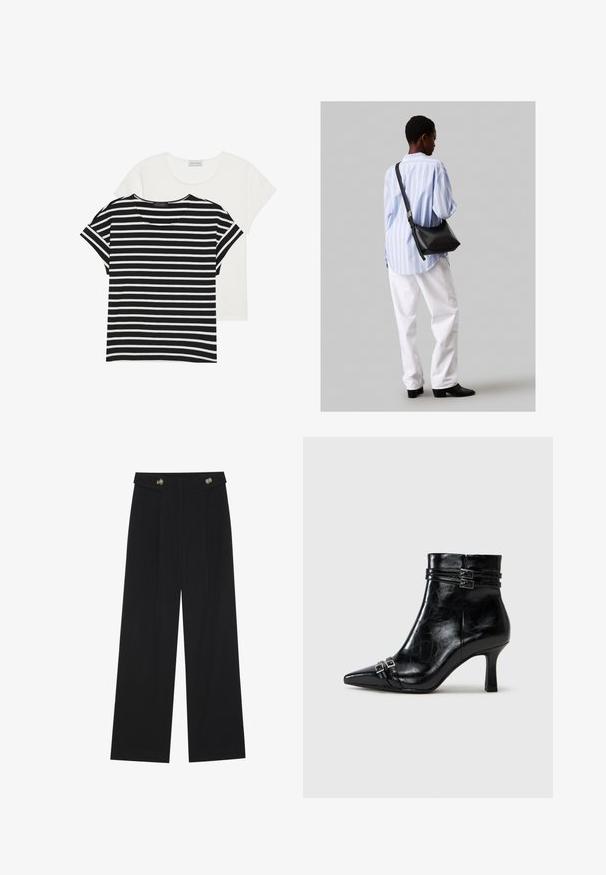 Kaks T-särki: üks must-valge triibuline lühikeste käistega ja teine ühtlane valge, mõlemal ümar kaelus ja igapäevane lõige.; Mustad laiad püksid kõrge vöökoha ja nööpdetailidega vööandil, esikortsudega.; Tamaris Täistallaga poolsaapad - black; Must have mustras alasi nahkpatsi, pehme tekstuuriga, kolmnurkse kujuga ja reguleeritava rihmaga, koos helesinise triibulise särgi ja valgete pükstega.