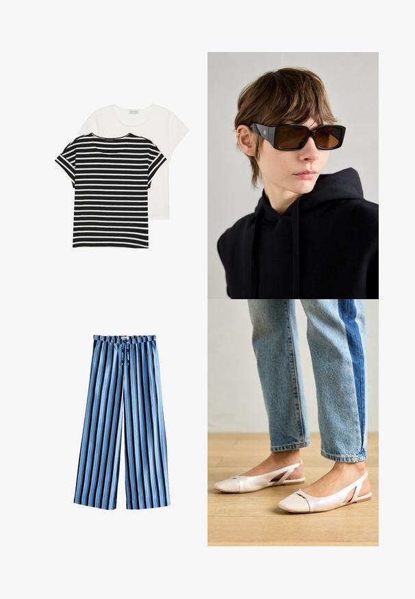 Two t-shirts: one black and white striped with short sleeves, and one solid white, both featuring a rounded neckline and casual fit.; Striped wide-leg pants in light blue and navy, featuring a drawstring waist, soft fabric, and a loose silhouette for comfort.; Pale pink slingback flats with a pointed toe, made from a smooth leather-like material. Features cut-out details at the sides and a flat heel.; Black oversized sunglasses with a glossy finish, rectangular shape, brown tinted lenses, and gold logo detail on the temples.
