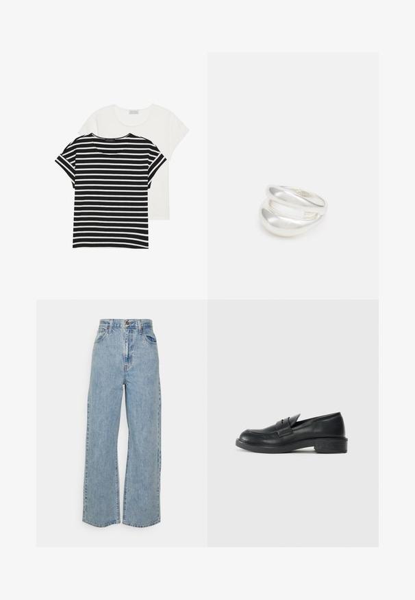 Kaksi t-paitaa: yksi mustavalkoraidallinen lyhythihainen ja yksi yksivärinen valkoinen, molemmissa pyöreä kaula-aukko ja rento malli.; Vaaleansiniset väljät farkut korkealla vyötäröllä, edessä nappi, vetoketjusuljin ja viisi taskua yksinkertaisella taustalla.; Musta nahkainen loafers-mallinen kenkä pyöreällä varvalla, ommelluilla yksityiskohdilla ja pienellä korolla. Yksinkertainen pinta ja joustava kumipohja.; Hopeinen kaksinkertainen rengas, jossa on sileä, kiillotettu pinta. Siinä on sulava, kaareva muotoilu, jossa on päällekkäisiä osia modernin ilmeen saavuttamiseksi.