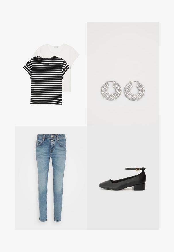 Két póló: az egyik fekete-fehér csíkos, rövid ujjú, a másik egyszínű fehér, mindkettő lekerekített nyakkivágással és laza szabással rendelkezik.; Világoskék farmernadrág, slim fit szabással, öt zsebes tervezéssel és gombos záródással. A combok mentén található kopott hatások fokozzák a textúrát.; Fekete bőr magassarkú cipő hegyes orral és alacsony tömb sarkal. Bokapánttal rendelkezik, aranyszínű csattal. Simább textúra.; Ezüst karika fülbevalók, amelyeket több átlátszó kristály díszít, texturált felülettel és nyitott, kör alakú kialakítással.
