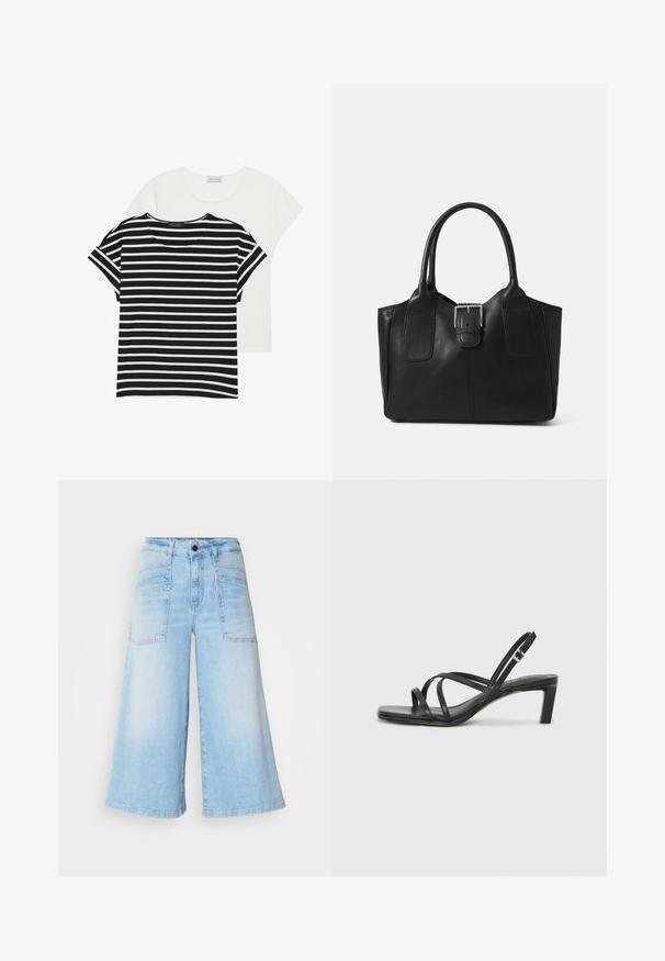 Dos camisetas: una a rayas blancas y negras con mangas cortas, y una blanca lisa, ambas con escote redondeado y un corte casual.; Culottes de mezclilla azul claro con piernas anchas, que cuentan con bolsillos delanteros y traseros y un cierre de botón en la cintura. Textura suave.; Sandalia negra de tiras con punta cuadrada y tacón bajo de bloque. Presenta múltiples tiras delgadas y una correa ajustable en el tobillo. Fabricada en cuero suave.; Bolso tote de cuero negro con textura suave, forma estructurada, dos asas y un prominente detalle de hebilla plateada en la parte frontal.