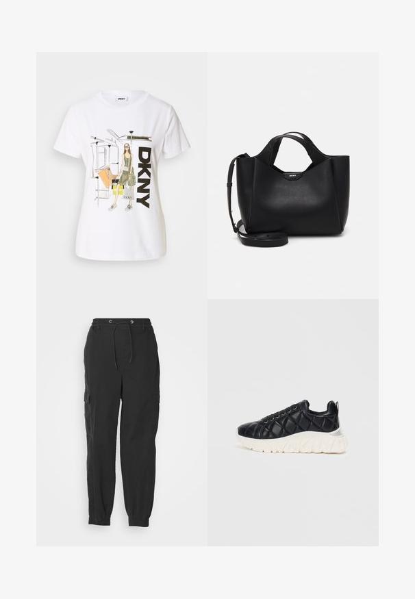 Biała bawełniana koszulka z grafiką przedstawiającą kobietę, tekstem "DKNY" oraz elementami związanymi z nowojorską metrem. Luźny krój, krótki rękaw.; Czarne spodnie cargo z elastycznym pasem, sznurkiem i kieszeniami po bokach; zwężane nogawki z mankietami. Wykonane z lekkiego materiału.; Czarne sneakersy pikowane z teksturowaną cholewką, białą masywną podeszwą i czarnymi sznurówkami, z akcentem na pięcie z logo oraz wyściełanym kołnierzem.; Czarna skórzana torebka o teksturowanym wykończeniu, kanciastej formie, z podwójnymi uchwytami i regulowanym paskiem na ramię. Posiada akcent z logo DKNY.