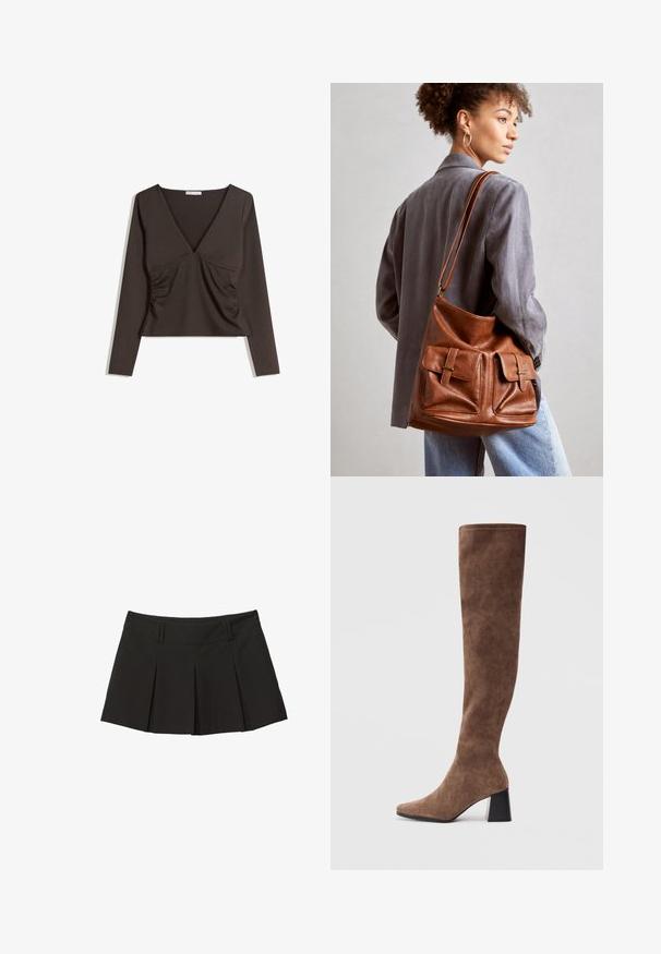Langærmet top med dyb V-hals i mørkebrunt stof. Har rynkning i siderne og et cropped design. Glat tekstur, minimalistisk stil.; Sorte plisede nederdel med en tætsiddende livlinje og en blød tekstur. Designet med frontpliser for ekstra form og stil.; Brune støvler over knæet lavet af blødt ruskind med spids tå og en kraftig sort hæl. Designet har sømløs syning for et elegant udseende.; Brun læder bucket bag med to frontlommer med spænde detaljer. Tasken har en glat tekstur og en justerbar rem.