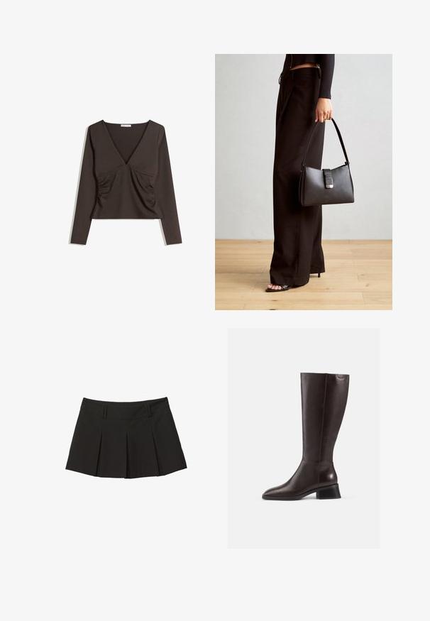 Dugou rukavi, top s dubokim V-izrezom u tamnosmeđoj tkanini. Ima nabrane bočne strane i skraćeni kroj. Glatka tekstura, minimalistički stil.; Crna plisirana suknja s prilagođenim pojasom i mekanom teksturom. Dizajnirana s prednjim pliševima za dodatni oblik i stil.; Kratke smeđe kožne čizme do koljena s glatkom površinom, okruglim vrhom i crnim potplatom. Jednostavan dizajn s minimalnim detaljima od hardvera.; Crna torba s oblikom koji sadrži strukturu, glađu teksturu i metalnu kopču. Uparena s širokim crnim hlačama i sandalama na otvorenom s drvenog poda.