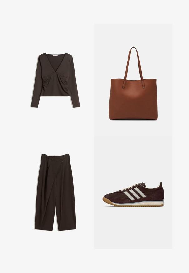 Long-sleeve, deep V-neck top in dark brown fabric. Features ruching on the sides and a cropped design. Smooth texture, minimalistic style.; Dark brown wide-leg trousers with a high waist, featuring a single button closure and a pleated front. Made from lightweight fabric.; Low-profile dark burgundy Adidas sneaker with white stripes, cream laces, and gum sole, side view on plain background.; Brown leather tote bag with a smooth texture, open top design, and two shoulder straps. Features minimal stitching and no visible hardware.