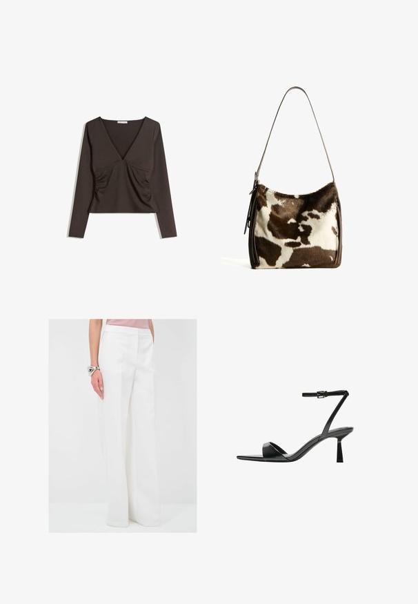 Dlouhý rukáv, top s hlubokým výstřihem do V v tmavě hnědé barvě. Má na bocích řasení a zkrácený střih. Hladká textura, minimalistický styl.; adL Kalhoty - beige; Bershka Sandály na vysokém podpatku - black; Hnědá a krémová kravská kůže ramenní taška s hladkým koženým popruhem, zipovým uzavřením a jemným, texturovaným povrchem s přírodním vzorem.