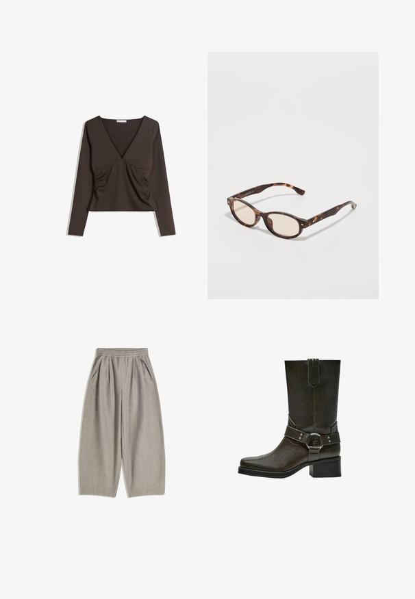 Dolga rokavica s globokim V-izrezom v temno rjavi tkanini. Vključuje nabrane stranske dele in skrajšano zasnovo. Gladka tekstura, minimalističen slog.; Sive široke hlače iz mehkega blaga, z elastičnim pasom in dvema stranskima žepoma, z enostavnim in minimalističnim dizajnom.; Rjave usnjene gležnjarje s kvadratnim nosom, kratko blokasto peto in dekorativno zaponko z srebrnimi dodatki. Gladka tekstura, preprost dizajn.; Očala iz morskega želvovca z zaobljeno obliko in svetlimi lečami. Imajo trde ročke z majhnimi zlatimi detajli, narejena so iz plastičnega materiala.; Temna rjava usnjena torbica s ukrivljeno obliko, z zadrgo in kratko ročico. Ima kovinske dodatke in okrasne črne gumbe na strani.
