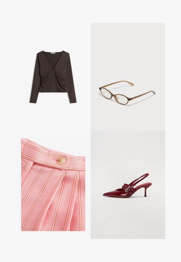 Pitkähiha, syvällä V-kaula-aukolla varustettu paita tummanruskeasta kankaasta. Sivujen rypytys ja lyhyt malli. Sujuva tekstuuri, minimalismi tyyli.; Vaaleanpunaista kangasta, jossa on pystysuorat punaiset raidat, rentoja poimintoja ja pyöreä nappisuljenta vyötäröllä. Silkkinen rakenne.; Punaiset patenttalahkeet slingback-korkokengät, joissa on terävä kärki, kaksi solkiverkkoa ja kapea, keskipituinen stiletto-korko. Sileä pinta.; Ruskeat kilpikonnaruutulasiset silmälasit, joissa ovaalit linssit, ohuet varret ja läpinäkyvät yksityiskohdat. Temppeleissä on huomaamaton logo. Suunnittelultaan suora ja kevyt.