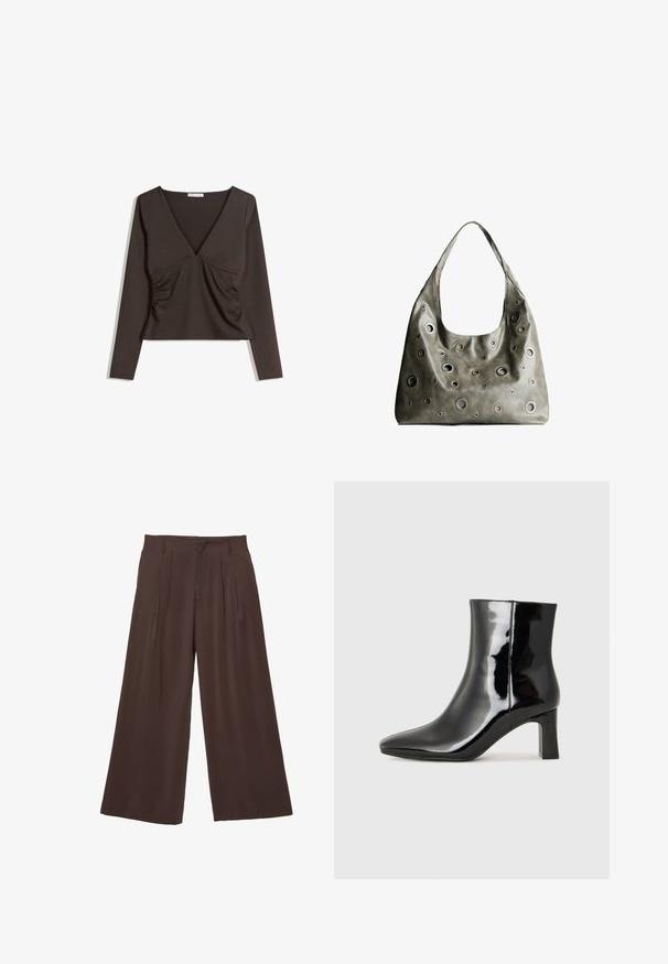 Hosszú ujjú, mély V-nyakú felső sötétbarna anyagból. Oldalt redőzött kialakítás és cropped stílus. Sima textúra, minimál stílus.; Sötétbarna anyagú, széles lábú nadrág, amely két elülső redővel, sima textúrával és egyszerű kialakítással rendelkezik, övhurkokkal.; Fekete lakk bőrcipő bokáig érő, hegyes orral és közepes magasságú tömbsarokkal. Simább textúrával és minimalista dizájnnal rendelkezik.; Olívazöld bőrtáska laza fazonnal, különböző méretű kör alakú kivágásokkal és sötétebb és világosabb árnyalatú díszítésekkel.