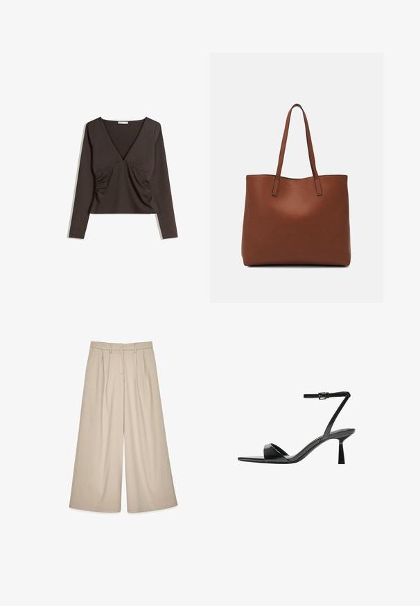 Dolga rokavica s globokim V-izrezom v temno rjavi tkanini. Vključuje nabrane stranske dele in skrajšano zasnovo. Gladka tekstura, minimalističen slog.; Bež hlače širokega kroja z visokim pasom, ki se ponašajo s sprednjimi naborki in gladko teksturo. Zasnovane za sproščen kroj s prefinjenim videzom.; Bershka Sandali z visoko peto - black; Rjava usnjena torba z gladko teksturo, odprto zasnovo zgoraj in dvema naramnima trakovoma. Opremljena je z minimalnim šivanjem in brez vidnih kovinskih delov.