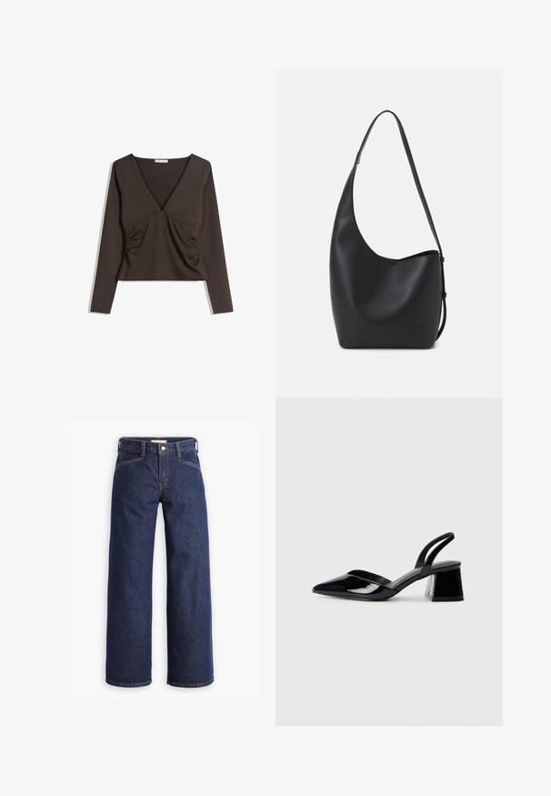 Långärmad topp med djup V-ringning i mörkbrunt tyg. Har veck på sidorna och en kortad design. Slät textur, minimalistisk stil.; Mörkblå denimjeans med hög midja, vid benvidd och diskret orange sömmar. Har en framknapp och dragkedjeöppning.; Svarta lackläder slingback klackar med spetsig tå och geometrisk klack. Har en elegant, minimalistisk design och slät yta.; Svart läder hobo-väska med en slät textur, kurvig form och en justerbar axelrem; har en bred öppning upptill.