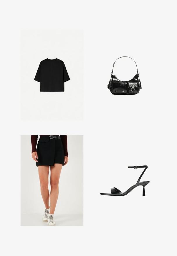 T-shirt nera oversize con maniche corte, scollo rotondo e orlo dritto. Realizzata in cotone morbido con una texture liscia. Vista posteriore solamente.; Shorts neri con un design a pannello laterale, dotati di tasca frontale e cinture. Il modello indossa sneakers bianche con dettagli grigi. Texture liscia.; Bershka Sandali con tacco - black; Borsa a spalla in vernice nera con forma curvata, una tracolla, tasche frontali e dettagli in metallo argentato.
