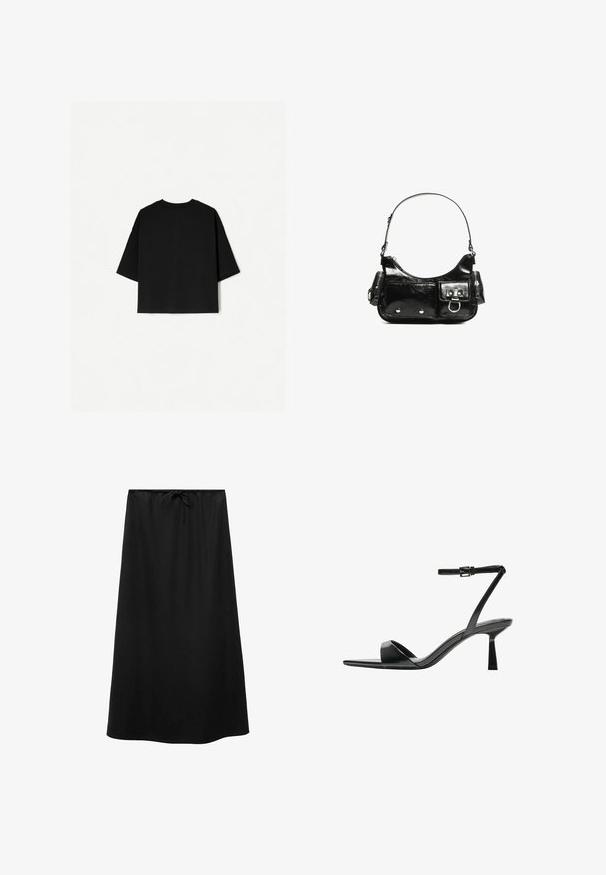 Tricou negru supradimensionat cu mâneci scurte, decolteu circular și tiv drept. Fabricat din bumbac moale, cu o textură netedă. Vedere din spate doar.; Mango Fustă maxi - black; Bershka Sandale cu toc - black; Geantă de mână din piele lăcuită neagră, cu o formă curbată, un umăr, buzunare frontale și accente din metal argintiu.