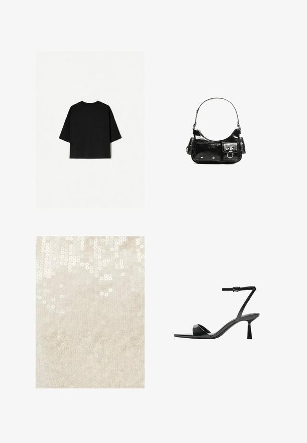 T-shirt noir surdimensionné avec des manches courtes, un col rond et un ourlet droit. Fabriqué en coton doux avec une texture lisse. Vue arrière seulement.; Tissu en tricot beige avec des paillettes blanches dispersées, créant un motif texturé. Les paillettes reflètent la lumière, ajoutant un éclat subtil.; Bershka Sandales à talons hauts - black; Sac à main en cuir verni noir avec une forme incurvée, une bandoulière, des poches avant et des accents en métal argenté.