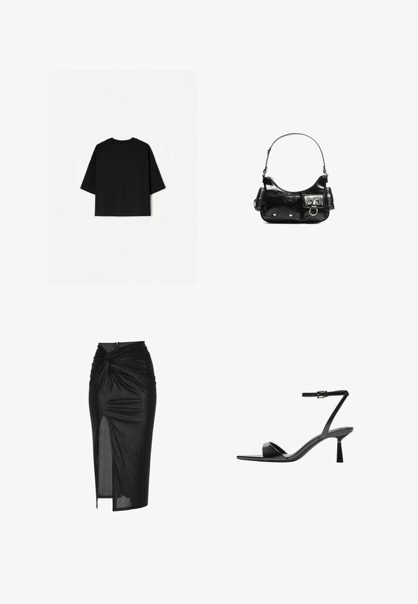 Černé oversized tričko s krátkým rukávem, kulatým výstřihem a rovného střihu. Vyrobeno z měkké bavlny s hladkou texturou. Pohled zezadu.; Černá midi sukně z elastického materiálu, s krouceným předním designem, rozparkem na boku a zapínáním na zip na zadní straně.; Bershka Sandály na vysokém podpatku - black; Černá lakovaná kožená kabelka s křivkovým tvarem, jedním ramenním popruhem, předními kapsami a stříbrnými kovovými detaily.