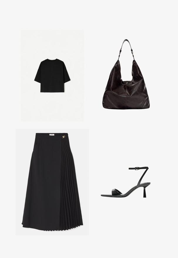 Fekete, bő szabású póló rövid ujjakkal, kerek nyakkivágással és egyenes szegéllyel. Puha pamutból készült, sima textúrával. Csak a hátsó nézet látható.; Fekete midi szoknya, amelynek egyik oldala pliszézett, könnyű anyagból készült, rejtett cipzárral és oldalsó zsebekkel.; Bershka Magas sarkú szandálok - black; Sötétbarna bőrtáska laza formával, széles nyílással és egy vállpánttal. Finom varrással díszítve.