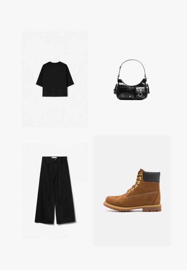 Black oversized T-shirt with short sleeves, crew neckline, and a straight hem. Made of soft cotton with a smooth texture. Back view only.; Bershka WIDE-LEG - Wide Leg - black; Brown suede ankle boot with black padded collar, gold eyelets, lace-up front, and rubber sole featuring a textured pattern.; Black patent leather handbag with a curved shape, one shoulder strap, front pockets, and silver-tone hardware accents.