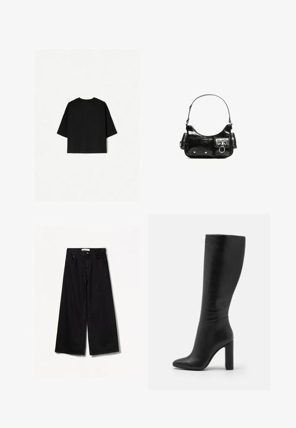 Musta ylisuuria T-paita lyhyillä hihoilla, pyöreällä pääntieellä ja suorella helmallä. Valmistettu pehmeästä puuvillasta, jolla on tasainen koostumus. Takakatsaus.; Bershka WIDE-LEG - Leveälahkeiset - black; Mustat nahkasaappaat polvipituudella, joissa on terävä kärki ja korkea paksu korko. Sujuva rakenne, jossa on minimalismi ja näkyviä metalliosia ei ole.; Mustekko mustasta kiiltonahasta valmistettu käsilaukku, jossa on kaareva muoto, yksi olkahihna, etutaskut ja hopeanväriset yksityiskohdat.