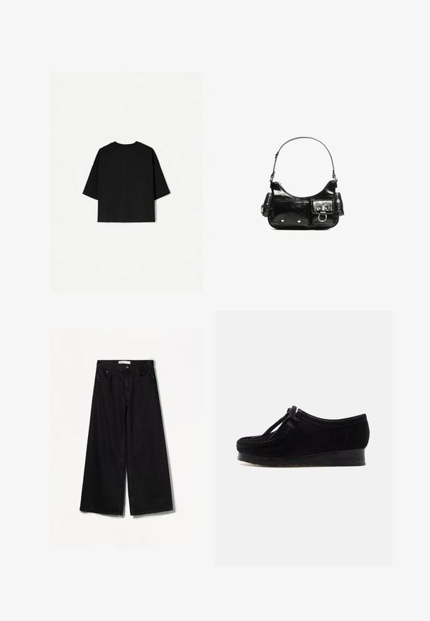 Tricou negru supradimensionat cu mâneci scurte, decolteu circular și tiv drept. Fabricat din bumbac moale, cu o textură netedă. Vedere din spate doar.; Bershka WIDE-LEG - Wide leg - black; Pantof cu toc din suede negru, cu vârf rotund, cusături pe partea din față și detalii cu șiret. Prezintă o talpă din cauciuc cu toc mic, pentru un plus de confort.; Geantă de mână din piele lăcuită neagră, cu o formă curbată, un umăr, buzunare frontale și accente din metal argintiu.