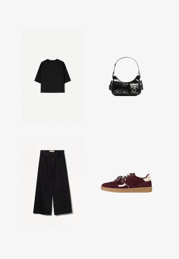 Crna oversized majica s kratkim rukavima, okruglim izrezom i ravnim donjim rubom. Napravljena od mekog pamuka s glatkom teksturom. Samo stražnja strana.; Bershka WIDE-LEG - Široke nogavice - black; Bordo nubuk tenisice s bijelim naglascima, teksturiranim detaljima, debelim gumenim potplatima i uzorkovanim vezicama za sigurno pristajanje.; Crna patentna kožna torba s zakrivljenim oblikom, jednim remenom za rame, prednjim džepovima i akcentima od srebrnog tona.
