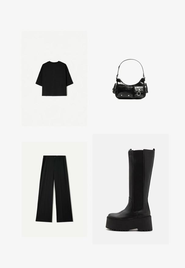 Fekete, bő szabású póló rövid ujjakkal, kerek nyakkivágással és egyenes szegéllyel. Puha pamutból készült, sima textúrával. Csak a hátsó nézet látható.; Bershka WIDE - Nadrágok - black; Fekete térd fölé érő csizma sima bőrből, elasztikus oldalsó panelek, valamint vastag talp, amely barázdált talprésszel rendelkezik.; Fekete lakkbőr kézitáska ívelt formával, egy vállpánttal, elülső zsebekkel és ezüstszínű fémrészletekkel.