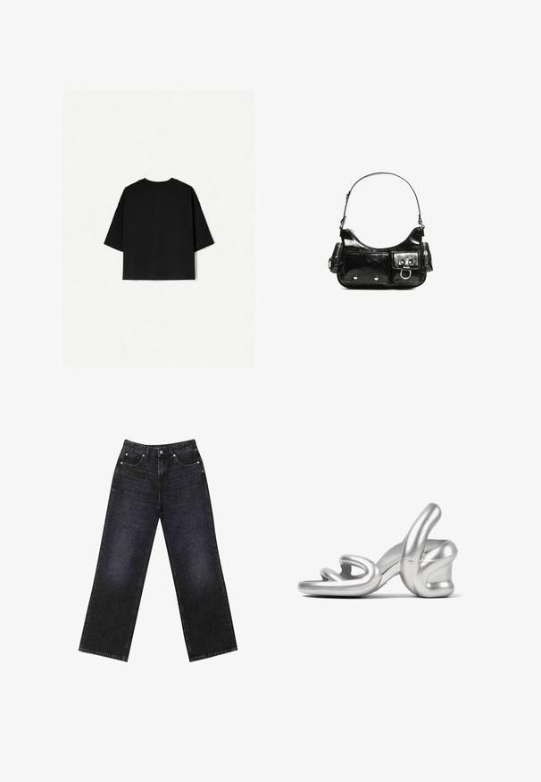 Musta ylisuuria T-paita lyhyillä hihoilla, pyöreällä pääntieellä ja suorella helmallä. Valmistettu pehmeästä puuvillasta, jolla on tasainen koostumus. Takakatsaus.; Korkeavyötäröiset mustat farkut, joissa on leveä lahje, viisi taskua ja näkyvät tikkaukset. Kangas on sileä, hieman teksturoitu pinnaltaan.; Hopea korkeakorkoinen sandaali, jossa on veistoksellinen muotoilu, sileä metallinen pinta ja ainutlaatuinen kierretty hihna edessä.; Mustekko mustasta kiiltonahasta valmistettu käsilaukku, jossa on kaareva muoto, yksi olkahihna, etutaskut ja hopeanväriset yksityiskohdat.