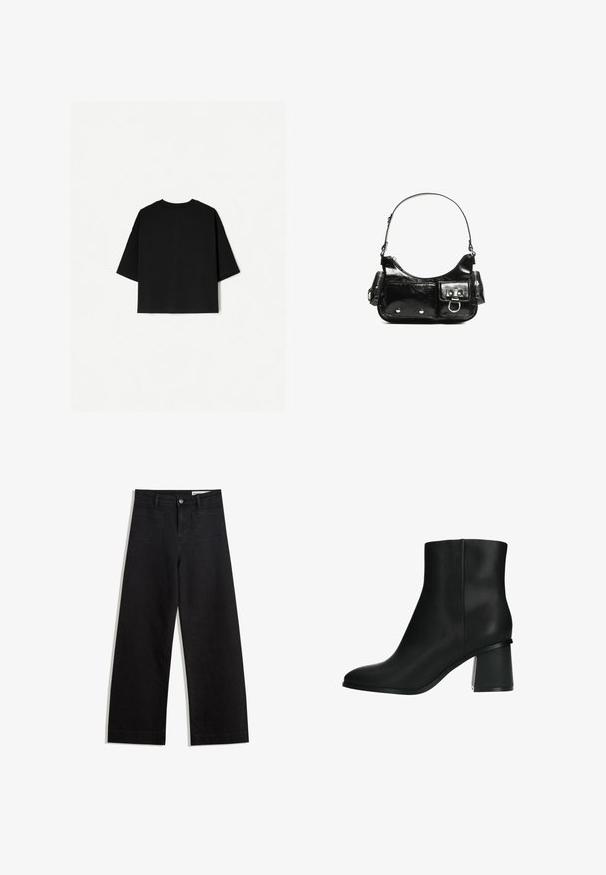 T-shirt noir surdimensionné avec des manches courtes, un col rond et un ourlet droit. Fabriqué en coton doux avec une texture lisse. Vue arrière seulement.; Pantalon en denim noir à jambes larges avec une taille haute, comprenant des poches avant et arrière, des coutures piquées et une fermeture à bouton. Texture lisse.; Bottine noire avec une finition lisse et élégante, bout pointu et un talon bloc épais. Le design présente des lignes minimalistes sans aucune quincaillerie visible.; Sac à main en cuir verni noir avec une forme incurvée, une bandoulière, des poches avant et des accents en métal argenté.