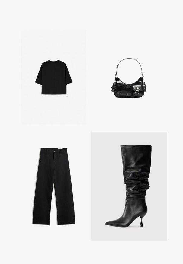 Fekete, bő szabású póló rövid ujjakkal, kerek nyakkivágással és egyenes szegéllyel. Puha pamutból készült, sima textúrával. Csak a hátsó nézet látható.; Fekete, bő szabású farmernadrág magas derékkal, elülső és hátsó zsebekkel, varrott felületekkel és gombos záródással. Sima textúra.; Fekete bőr térd fölé érő csizma laza kialakítással, hegyes orral és vékony tűsarkúval, amely sima textúrával és minimális díszítéssel rendelkezik.; Fekete lakkbőr kézitáska ívelt formával, egy vállpánttal, elülső zsebekkel és ezüstszínű fémrészletekkel.