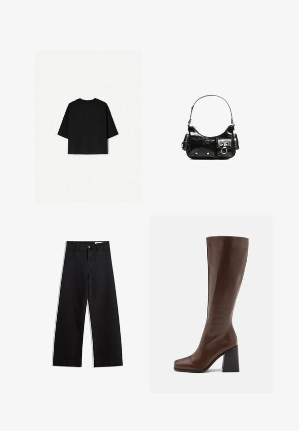 T-shirt noir surdimensionné avec des manches courtes, un col rond et un ourlet droit. Fabriqué en coton doux avec une texture lisse. Vue arrière seulement.; Pantalon en denim noir à jambes larges avec une taille haute, comprenant des poches avant et arrière, des coutures piquées et une fermeture à bouton. Texture lisse.; RAID RENZO - Bottes - brown; Sac à main en cuir verni noir avec une forme incurvée, une bandoulière, des poches avant et des accents en métal argenté.