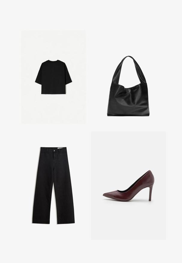 Černé oversized tričko s krátkým rukávem, kulatým výstřihem a rovného střihu. Vyrobeno z měkké bavlny s hladkou texturou. Pohled zezadu.; Černé denimové kalhoty s volným střihem a vysokým pasem, vybavené předními a zadními kapsami, prošívanými švy a knoflíkovým zapínáním. Hladká textura.; Burgundské kožené lodičky s špičatou špičkou, hladkým povrchem a tenkým jehlovým podpatkem. Elegantní silueta s minimálními designovými detaily.; Černá kožená taška přes rameno s měkkým, volným designem, širokými uchy a hladkým povrchem. Žádné viditelné kovové doplňky nebo ozdoby.