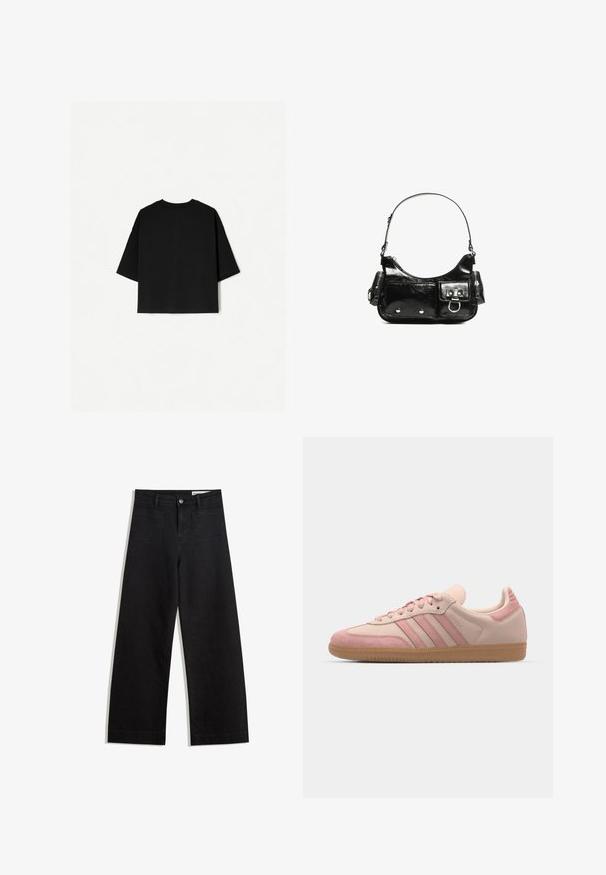 Black oversized T-shirt with short sleeves, crew neckline, and a straight hem. Made of soft cotton with a smooth texture. Back view only.; Black wide-leg denim pants with a high waist, featuring front and back pockets, stitched seams, and a button closure. Smooth texture.; adidas Originals SAMBA OG - Trainers - quartz/mauve; Black patent leather handbag with a curved shape, one shoulder strap, front pockets, and silver-tone hardware accents.