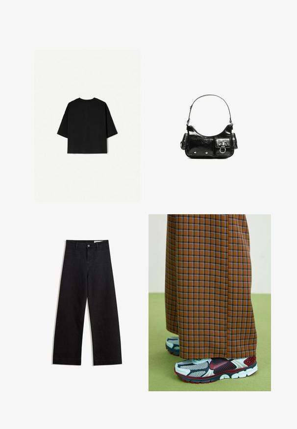 Čierne nadrozmerné tričko s krátkymi rukávmi, okrúhlym výstrihom a rovnými okrajmi. Vyrobené z jemnej bavlny s hladkým povrchom. Pohľad zozadu.; Čierne denimové nohavice s širokými nohavicami a vysokým pásom, so prednými a zadnými vreckami, šitými švami a zapínaním na gombík. Hladká textúra.; Hnedé kockované nohavice s širokými nohavicami a modrými pruhmi, skombinované so sivými teniskami s červenými akcentmi a sieťovaným dizajnom. Zelené textúrované pozadie na podlahe.; Čierna laková kožená kabelka s ohnutým tvarom, jedným ramenným popruhom, prednými vreckami a striebornými kovovými doplnkami.