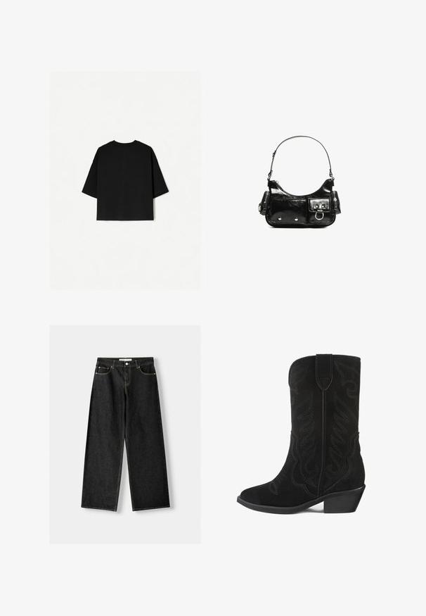 Tricou negru supradimensionat cu mâneci scurte, decolteu circular și tiv drept. Fabricat din bumbac moale, cu o textură netedă. Vedere din spate doar.; Blugi largi din denim negru, cu cinci buzunare, închidere cu buton metalic și fermoar, și cusături galbene contrastante de-a lungul cusăturilor.; Botină de cowboy din suede negru, cu model floral cusut, vârf ascuțit și toc bloc mic. Dispune de un șiret înalt și o bucată de plastic pentru a o trage.; Geantă de mână din piele lăcuită neagră, cu o formă curbată, un umăr, buzunare frontale și accente din metal argintiu.