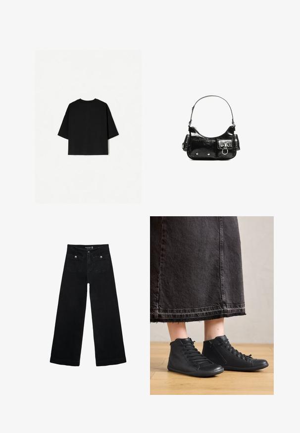 Černé oversized tričko s krátkým rukávem, kulatým výstřihem a rovného střihu. Vyrobeno z měkké bavlny s hladkou texturou. Pohled zezadu.; Černé široké džíny s vysokým pasem, obsahující dvě přední kapsy a kovové knoflíkové detaily. Látka má hladkou texturu.; Černé kožené vysoké boty s hladkým povrchem, se šněrováním a bočním zipem. Nosené s dlouhou černou džínovou sukní.; Černá lakovaná kožená kabelka s křivkovým tvarem, jedním ramenním popruhem, předními kapsami a stříbrnými kovovými detaily.