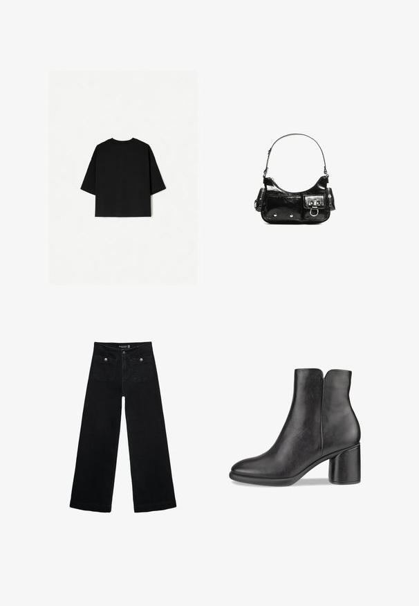 Schwarzes Oversized-T-Shirt mit kurzen Ärmeln, Rundhalsausschnitt und geradem Saum. Hergestellt aus weicher Baumwolle mit glatter Textur. Nur Rückansicht.; Schwarze, weit geschnittene Jeans mit hoher Taille, die zwei Fronttaschen und metallene Knopfakzente aufweist. Der Stoff hat eine glatte Textur.; Schwarze Lederstiefelette mit abgerundetem Zehenbereich, mittelhohem Blockabsatz und glatter Textur. Verfügt über einen ausgeschnittenen Rücken und ein minimalistisches Design.; Schwarze Lackleder-Handtasche mit geschwungenem Design, einem Schulterriemen, Vordertaschen und silberfarbenen Hardware-Akzenten.
