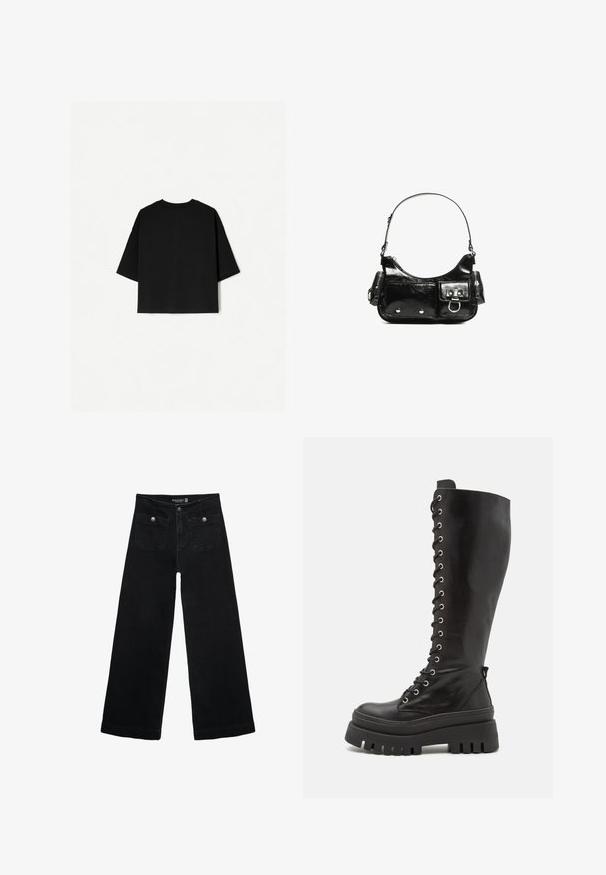Musta ylisuuria T-paita lyhyillä hihoilla, pyöreällä pääntieellä ja suorella helmallä. Valmistettu pehmeästä puuvillasta, jolla on tasainen koostumus. Takakatsaus.; Mustat leveälahkeiset farkut korkean vyötärön kanssa, joissa on kaksi etutaskua ja metalliset nappikoristeet. Kangas on sileä.; Steve Madden CARINA - Platform-saappaat - black; Mustekko mustasta kiiltonahasta valmistettu käsilaukku, jossa on kaareva muoto, yksi olkahihna, etutaskut ja hopeanväriset yksityiskohdat.