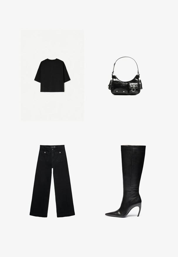 T-shirt noir surdimensionné avec des manches courtes, un col rond et un ourlet droit. Fabriqué en coton doux avec une texture lisse. Vue arrière seulement.; Jean's larges noires avec taille haute, dotés de deux poches avant et d'accents en métal sur les boutons. Le tissu a une texture lisse.; Botte en cuir noir montante jusqu'au genou avec un bout pointu et un talon aiguille haut ; texture lisse et épurée avec de coutures subtiles et sans matériel visible.; Sac à main en cuir verni noir avec une forme incurvée, une bandoulière, des poches avant et des accents en métal argenté.