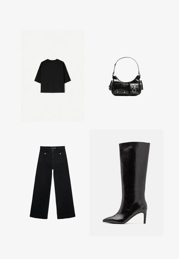 Čierne nadrozmerné tričko s krátkymi rukávmi, okrúhlym výstrihom a rovnými okrajmi. Vyrobené z jemnej bavlny s hladkým povrchom. Pohľad zozadu.; Čierne široké nohavice s vysokým pásom, s dvoma prednými vreckami a kovovými detailmi na gombíku. Tkanina má hladkú textúru.; Call it Spring RHODDE - Topánky na vysokom opätku - black; Čierna laková kožená kabelka s ohnutým tvarom, jedným ramenným popruhom, prednými vreckami a striebornými kovovými doplnkami.