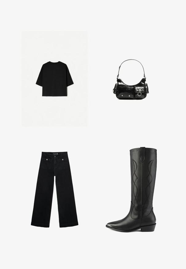 Czarna, oversize koszulka z krótkimi rękawami, okrągłym dekoltem i prostym wykończeniem. Wykonana z miękkiej bawełny o gładkiej fakturze. Widok z tyłu.; Czarne, szerokie dżinsy z wysokim stanem, z dwoma przednimi kieszeniami i metalowymi guzikami. Tkanina ma gładką fakturę.; Wysokie czarne skórzane botki z wąskim noskiem, blokowym obcasem oraz ozdobnym haftem w postaci splatających się linii wzdłuż cholewki.; Czarna torebka z lakierowanej skóry o zaokrąglonym kształcie, z jednym paskiem na ramię, przednimi kieszeniami i akcentami w kolorze srebrnym.