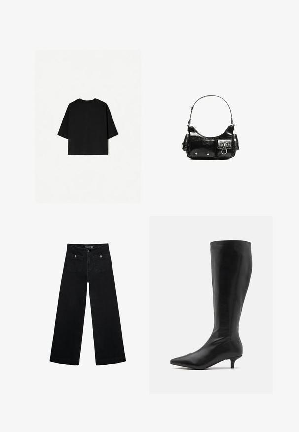 T-shirt noir surdimensionné avec des manches courtes, un col rond et un ourlet droit. Fabriqué en coton doux avec une texture lisse. Vue arrière seulement.; Jean's larges noires avec taille haute, dotés de deux poches avant et d'accents en métal sur les boutons. Le tissu a une texture lisse.; RAID ALPINE - Bottes - black; Sac à main en cuir verni noir avec une forme incurvée, une bandoulière, des poches avant et des accents en métal argenté.