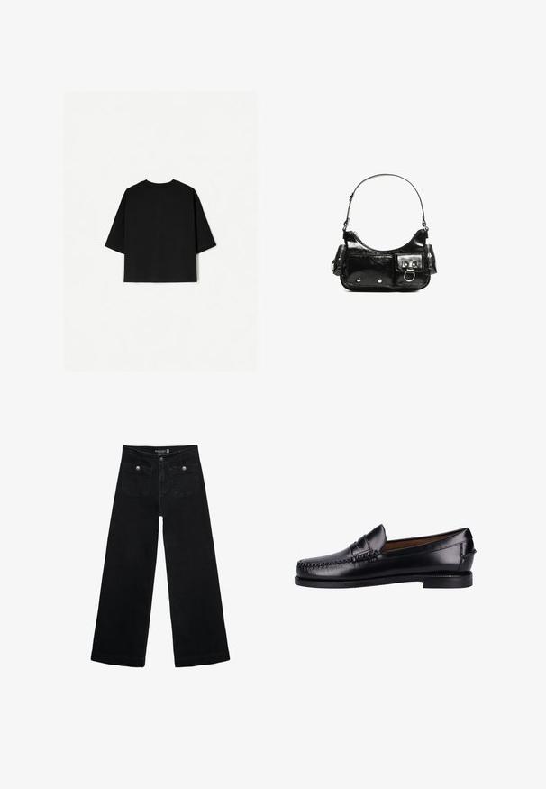 Schwarzes Oversized-T-Shirt mit kurzen Ärmeln, Rundhalsausschnitt und geradem Saum. Hergestellt aus weicher Baumwolle mit glatter Textur. Nur Rückansicht.; Schwarze, weit geschnittene Jeans mit hoher Taille, die zwei Fronttaschen und metallene Knopfakzente aufweist. Der Stoff hat eine glatte Textur.; Schwarze Lederloafers mit glatter Oberfläche, abgerundetem Zeh, dekorativen Nähten und einem niedrigen Absatz. Das Design ist minimalistisch und hat keine sichtbaren Hardwareelemente.; Schwarze Lackleder-Handtasche mit geschwungenem Design, einem Schulterriemen, Vordertaschen und silberfarbenen Hardware-Akzenten.