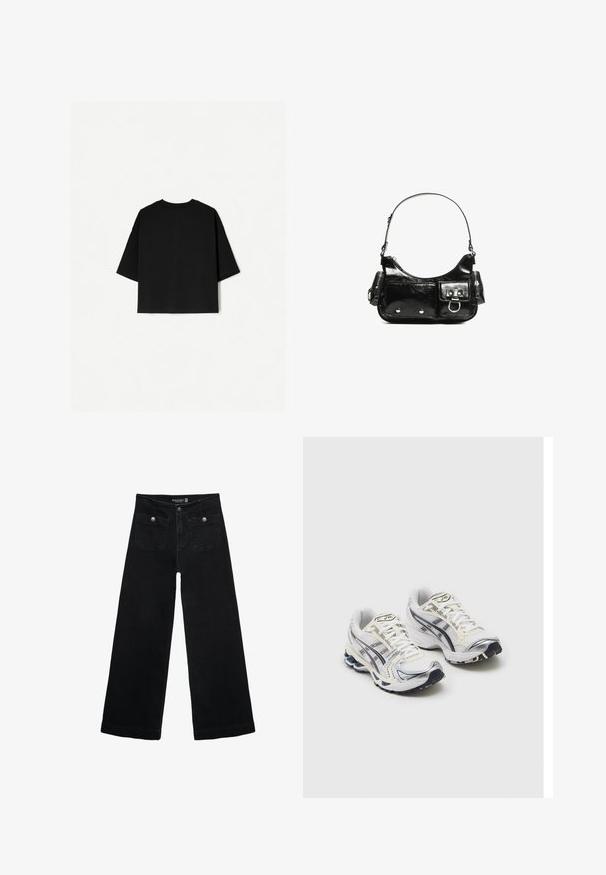 T-shirt nera oversize con maniche corte, scollo rotondo e orlo dritto. Realizzata in cotone morbido con una texture liscia. Vista posteriore solamente.; Jeans neri a gamba larga con vita alta, dotati di due tasche frontali e dettagli in metallo sui bottoni. Il tessuto ha una texture liscia.; Scarpe atletiche bianche e argento con materiale in rete, suola ammortizzata, accenti neri e suola stampata. Presentano lacci e dettagli di branding.; Borsa a spalla in vernice nera con forma curvata, una tracolla, tasche frontali e dettagli in metallo argentato.