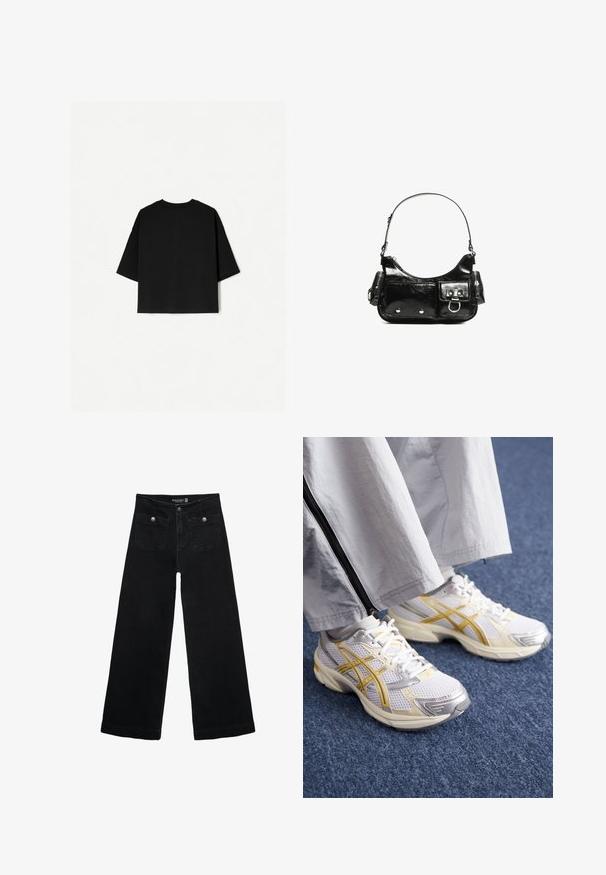 Svart oversized T-shirt med korta ärmar, rundad halsringning och rak nederkant. Tillverkad av mjuk bomull med en slät yta. Endast bakvy.; Svart vida jeans med hög midja, med två framfickor och metalldetaljer i form av knappar. Tyget har en mjuk textur.; Vita sportskor i vitt med gula och silverdetaljer, ovandel i mesh, snörning och gummisula. Bärs med ljusgrå byxor med dragkedja.; Svart lackläderhandväska med en rundad form, en axelrem, framfickor och detaljer i silverfärg.